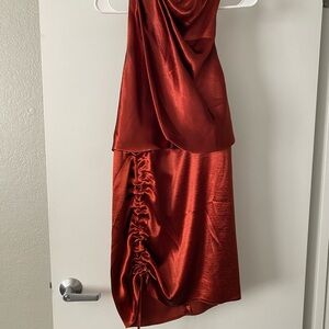 ASOS Burnt Orange Cowl Neck Satin Rouged Dress